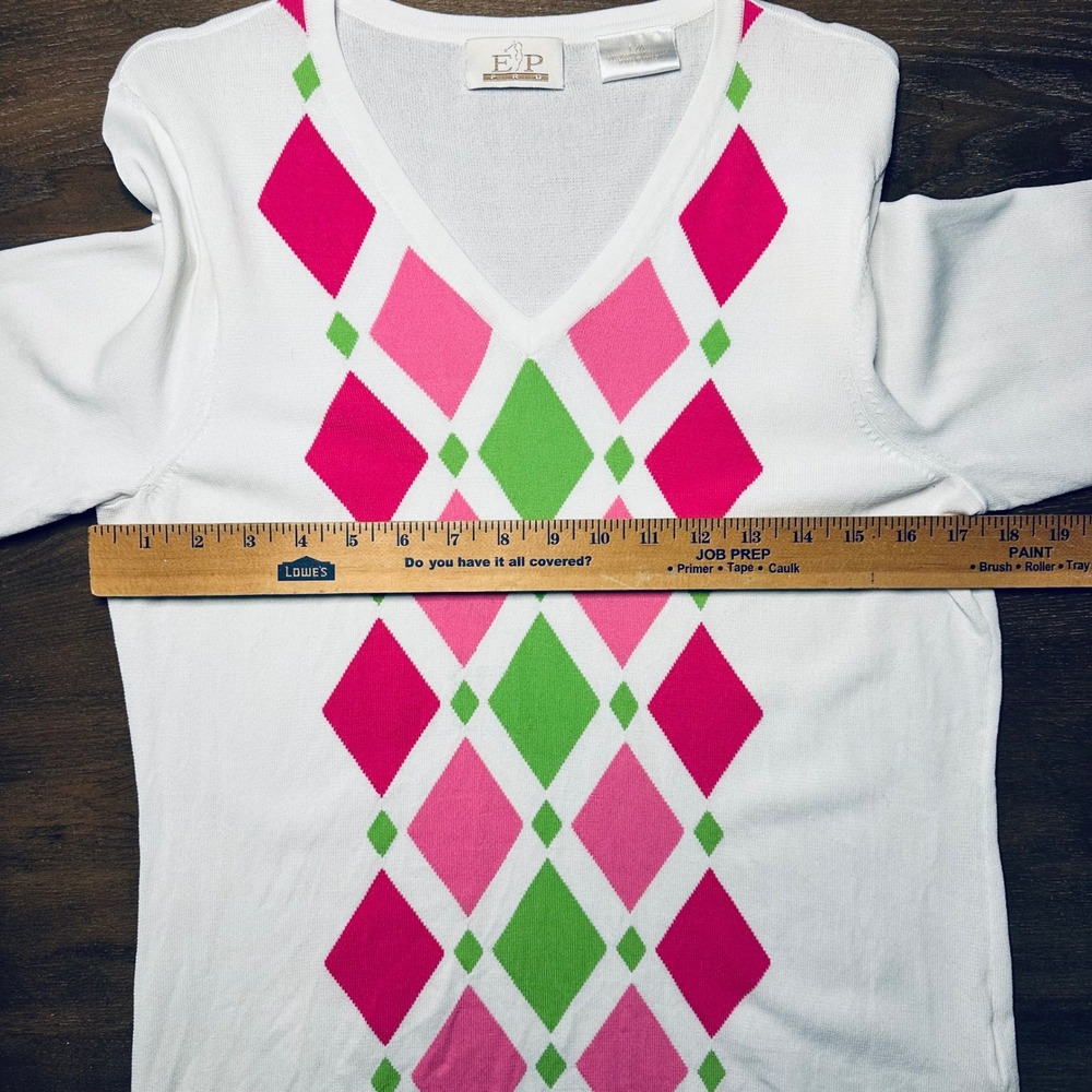 EP Pro Womens Large L White Pink Green Argyle V Neck Long Sleeve Sweater Golf - Picture 2 of 6